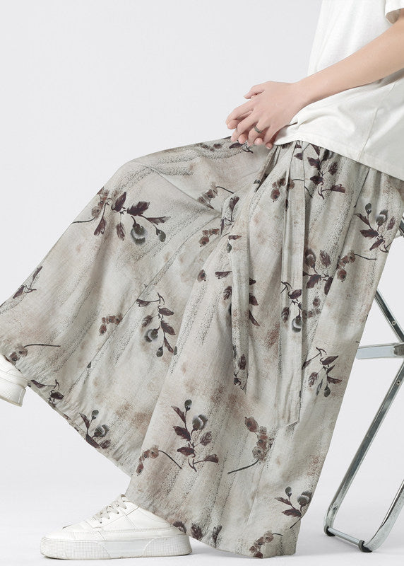 Chinese Style Pockets Print Ice Silk Wide Leg Pants Summer