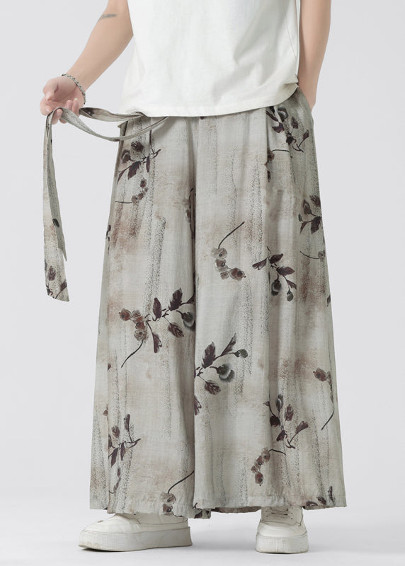 Chinese Style Pockets Print Ice Silk Wide Leg Pants Summer