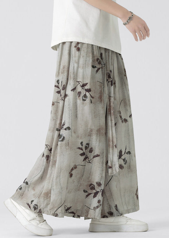Chinese Style Pockets Print Ice Silk Wide Leg Pants Summer