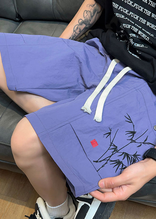Chinese Style Purple Bamboo Embroideried Cotton Shorts Summer