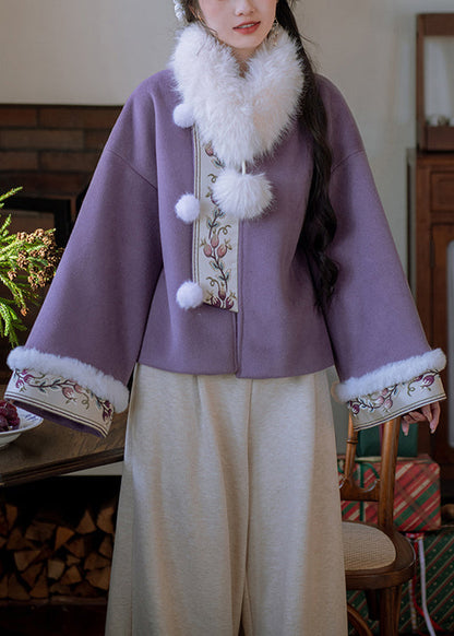 Chinese Style Purple Fur Collar Fuzzy Ball Patchwork Cotton Filled Parka Winter