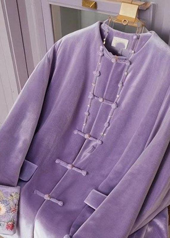Chinese Style Purple O-Neck Embroidered Button Silk Velour Tops Spring