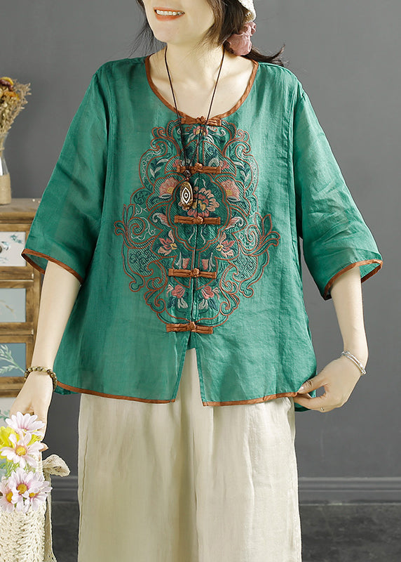 Chinese Style Purple O-neck Embroidered Linen Shirt Summer