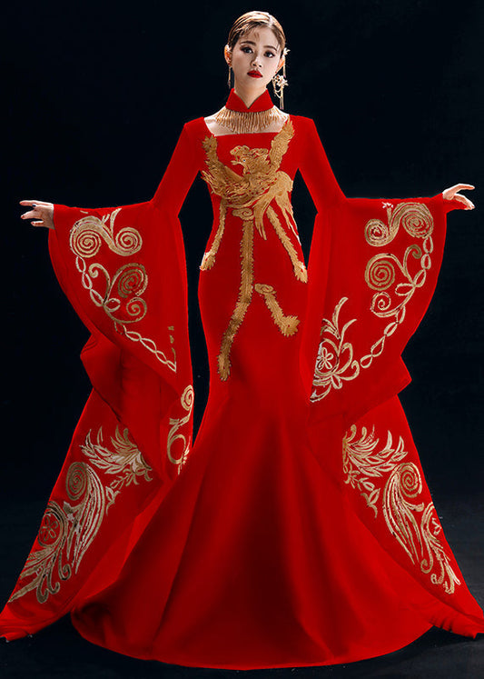 Chinese Style Red Embroidered Patchwork Silk Dresses Long Sleeve