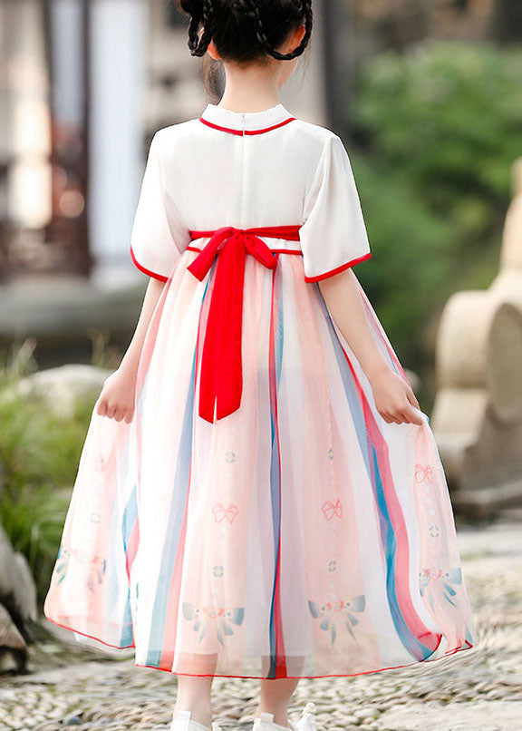 Chinese Style Red Embroideried Wrinkled Patchwork Chiffon Kids Dresses Summer