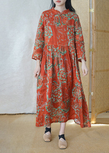 Chinese Style Red Mandarin Collar Cinched Print Linen Dress Long Sleeve