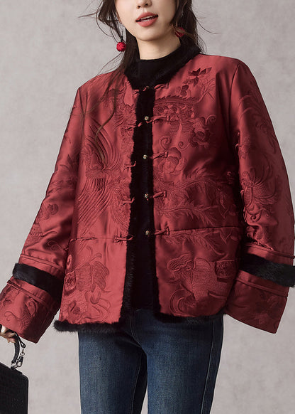 Chinese Style Red O-neck Embroidered Pockets Parka Winter