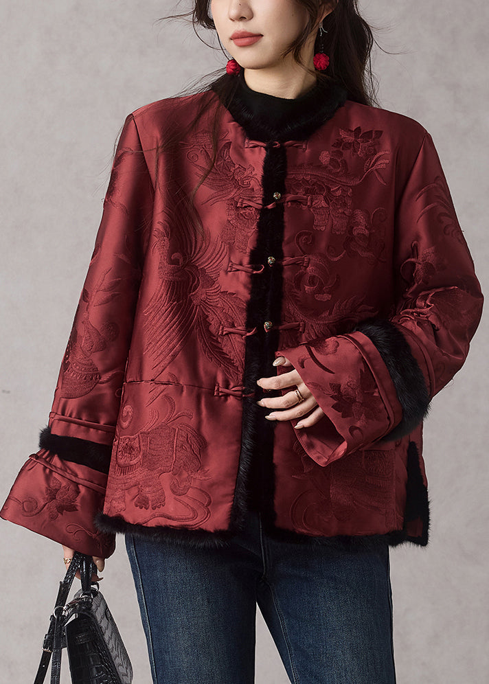Chinese Style Red O-neck Embroidered Pockets Parka Winter