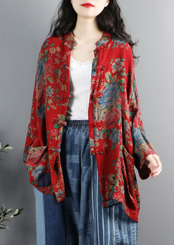Chinese Style Brown-pumpkin Print Pockets Button Patchwork Cotton Coats Long Sleeve