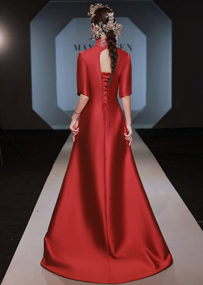 Chinese Style Red Stand Collar Embroidered Silk Dresses Half Sleeve