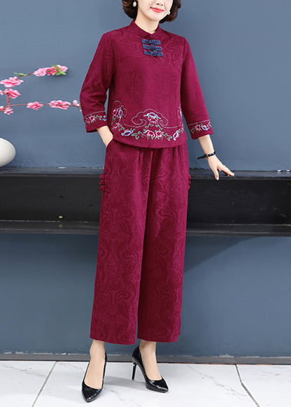 Chinese Style Red Stand Collar Embroidered Top and Wide Leg Pants Two Pieces Set Long Sleeve
