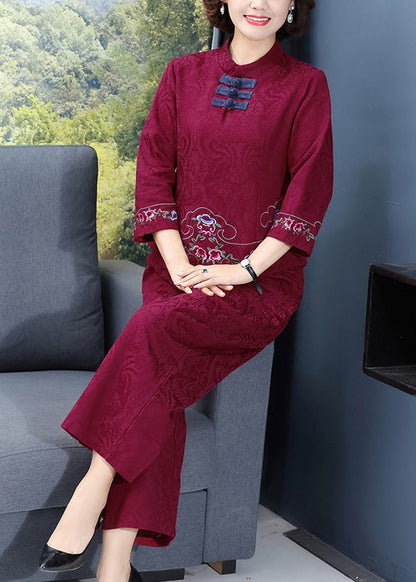 Chinese Style Red Stand Collar Embroidered Top and Wide Leg Pants Two Pieces Set Long Sleeve