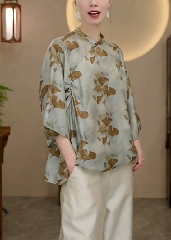 Chinese Style Stand Collar Print Silk Shirt Tops Bracelet Sleeve