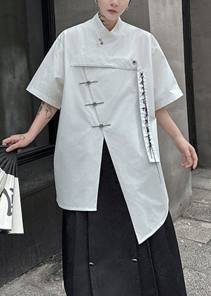 Chinese Style White Asymmetrical Button Cotton Shirts Summer