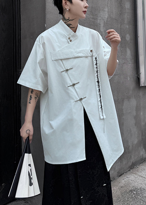 Chinese Style White Asymmetrical Button Cotton Shirts Summer
