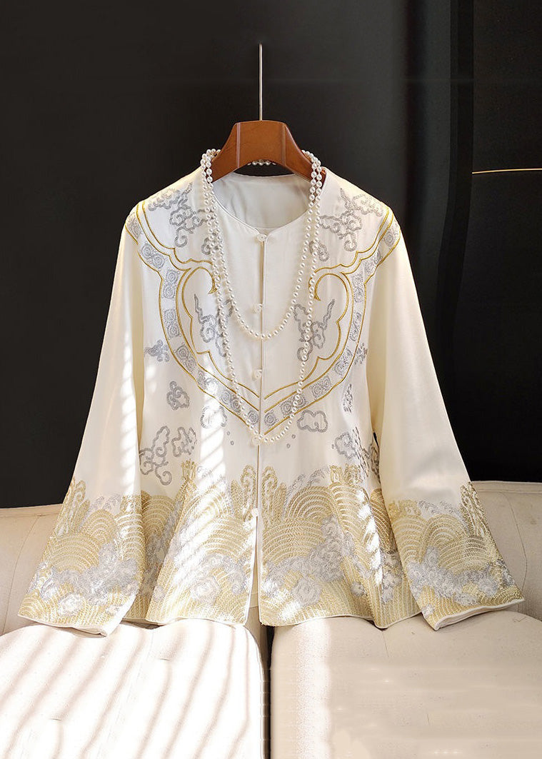 Chinese Style Black Flower Print Button Silk Coat Long Sleeve