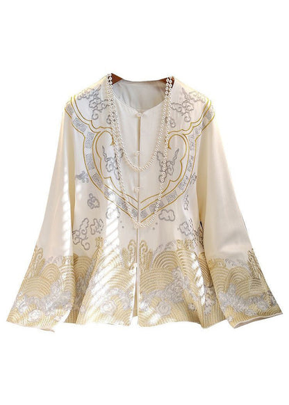 Chinese Style Black Texture Print Button Silk Coat Long Sleeve