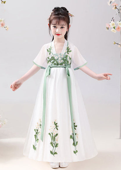 Chinese Style White Embroideried Tie Waist Patchwork Chiffon Kids Dresses Summer