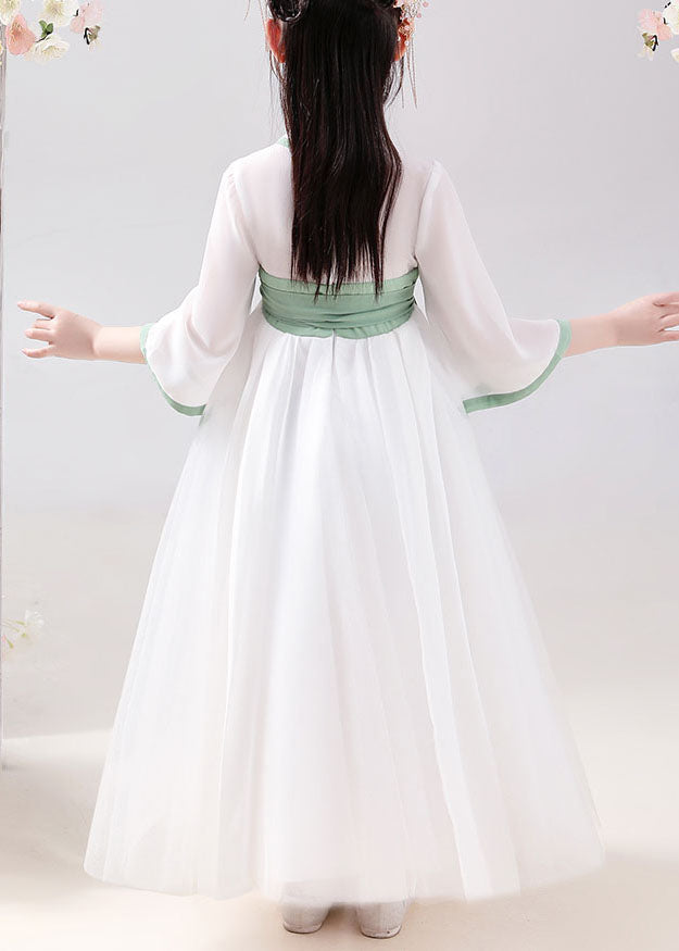 Chinese Style White Embroideried Tie Waist Patchwork Chiffon Kids Dresses Summer