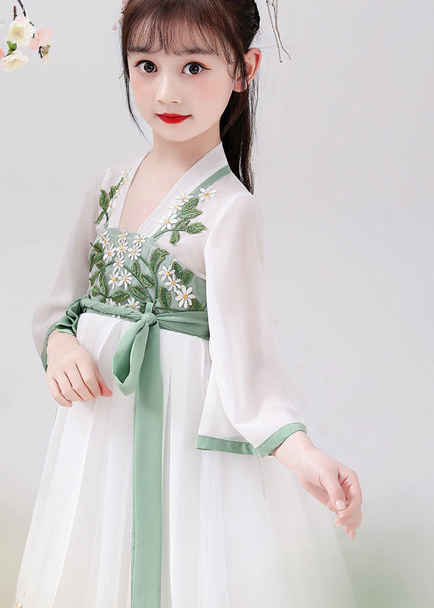 Chinese Style White Embroideried Tie Waist Patchwork Chiffon Kids Dresses Summer