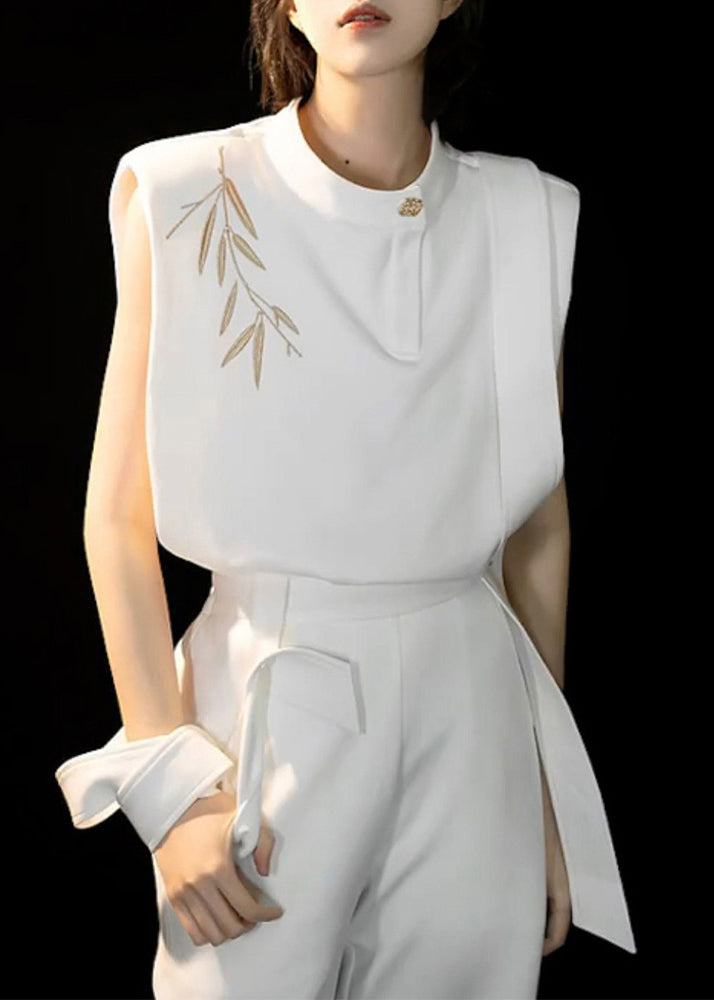 Chinese Style White O-neck Embroidered Top and Straight Pants Two Piece Set Summer