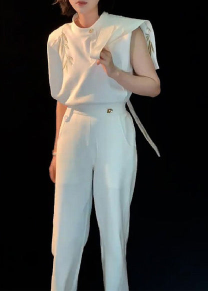 Chinese Style White O-neck Embroidered Top and Straight Pants Two Piece Set Summer