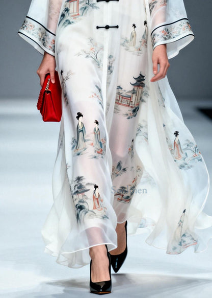 Chinese Style White Print Draping Chiffon Long Dress Summer