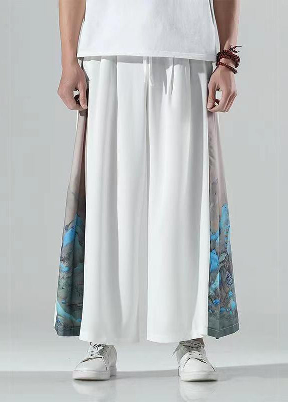 Chinese Style White Print Patchwork Ice Silk Wide Leg Pants Summer