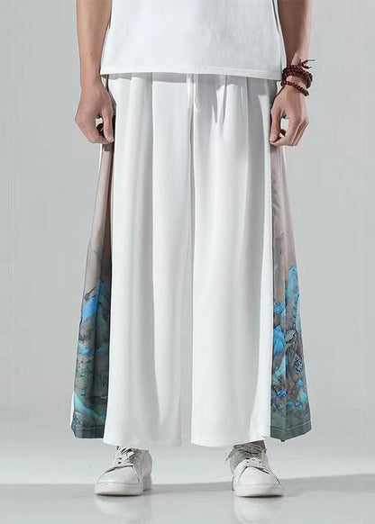 Chinese Style White Print Patchwork Ice Silk Wide Leg Pants Summer