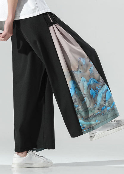 Chinese Style White Print Patchwork Ice Silk Wide Leg Pants Summer