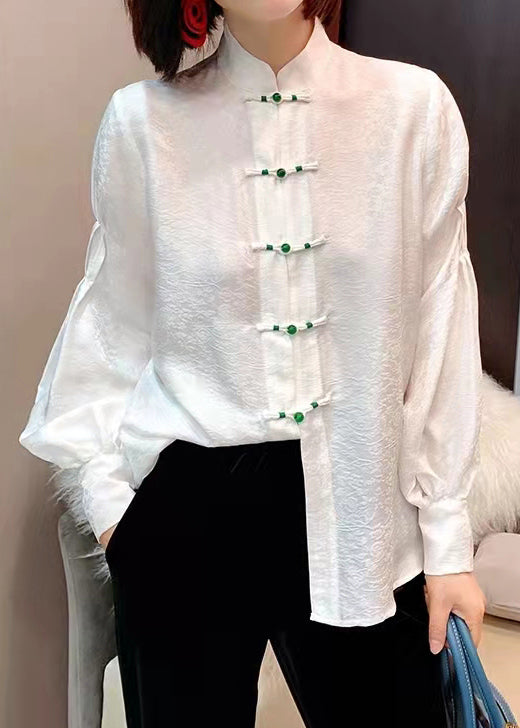 Chinese Style White Flowers and Birds Stand Collar Button Jacquard Silk Blouse Tops Lantern Sleeve