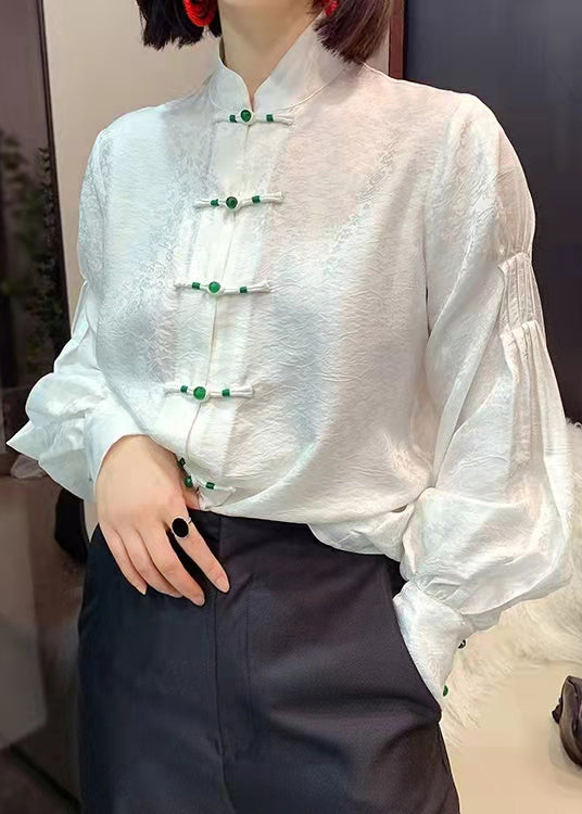 Chinese Style White Texture Stand Collar Button Jacquard Silk Blouse Tops Lantern Sleeve