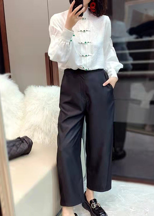 Chinese Style White Texture Stand Collar Button Jacquard Silk Blouse Tops Lantern Sleeve