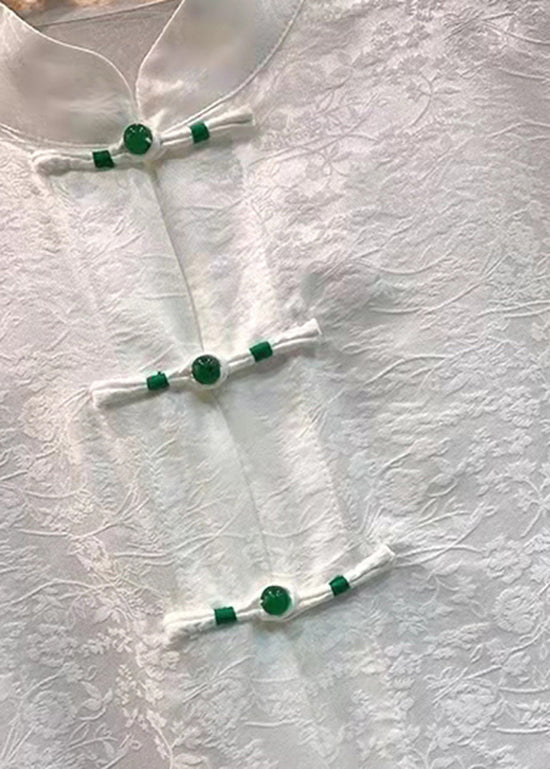 Chinese Style Green Bamboo Stand Collar Button Jacquard Silk Blouse Tops Lantern Sleeve