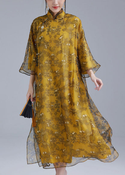 Luxy Yellow Oriental Button Tulle Silk Dress Cheongsam Dresses