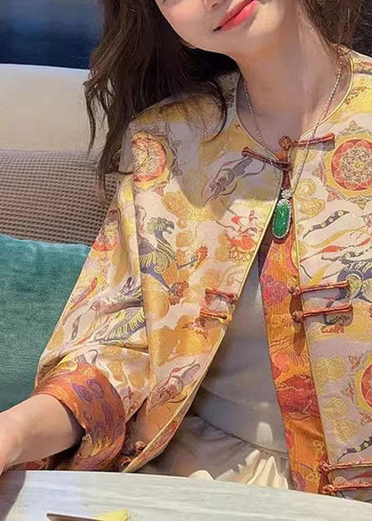 Chinese Style Yellow O-neck Button Silk Coats Spring