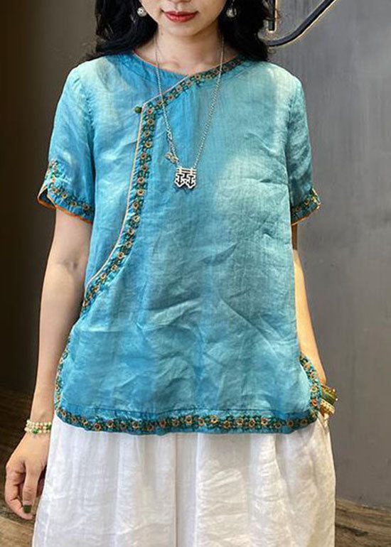 Chinese Style Blue Sunflower O-neck Embroidered Linen Tops Short Sleeve