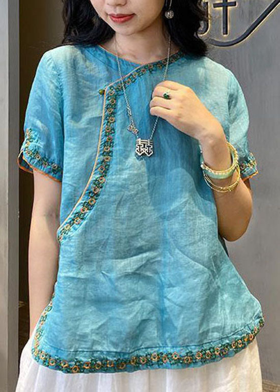 Chinese Style Blue Sunflower O-neck Embroidered Linen Tops Short Sleeve