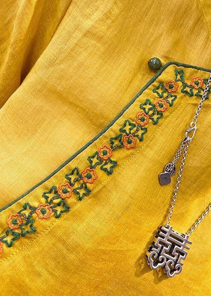 Chinese Style Yellow Flower O-neck Embroidered Linen Tops Short Sleeve