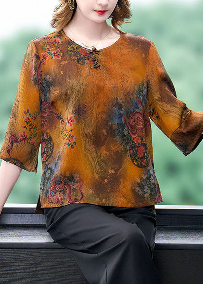 Chinese Style Yellow O-neck Oriental Button Print Silk Blouse Top Half Sleeve
