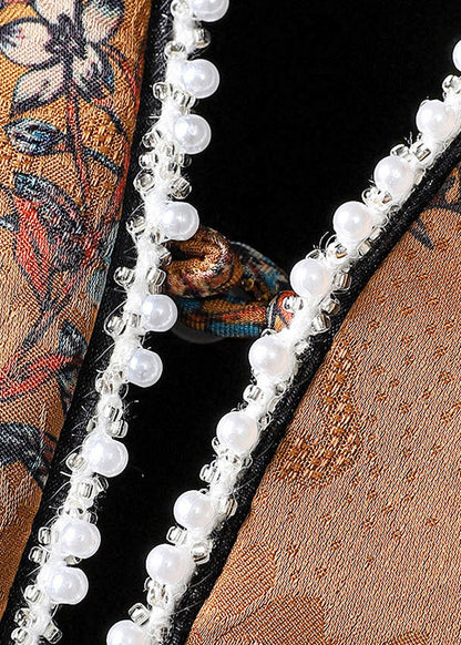Chinese Style Yellow V Neck Print Nail Bead Wear on Both Sides Silk Coat Fall