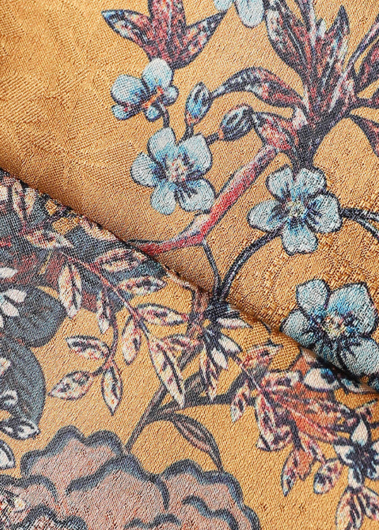 Chinese Style Yellow V Neck Print Nail Bead Wear on Both Sides Silk Coat Fall