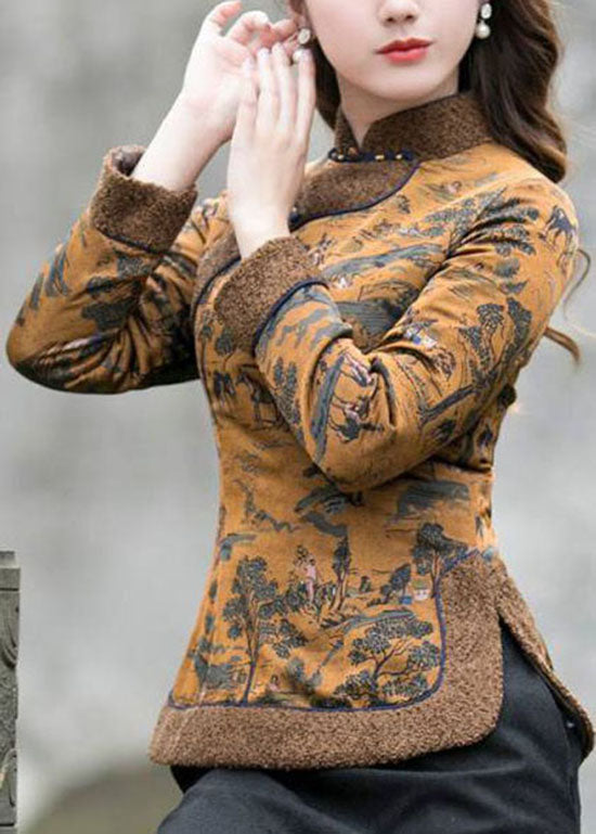Chinese Style Chocolate Side Open Stand Collar Button Print Fine Cotton Filled Tops Winter
