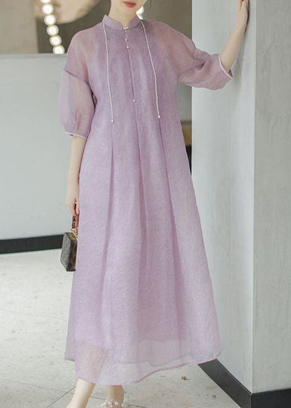 Chinese Style Light Purple Nail Bead Patchwork Silk Long Dress Summer