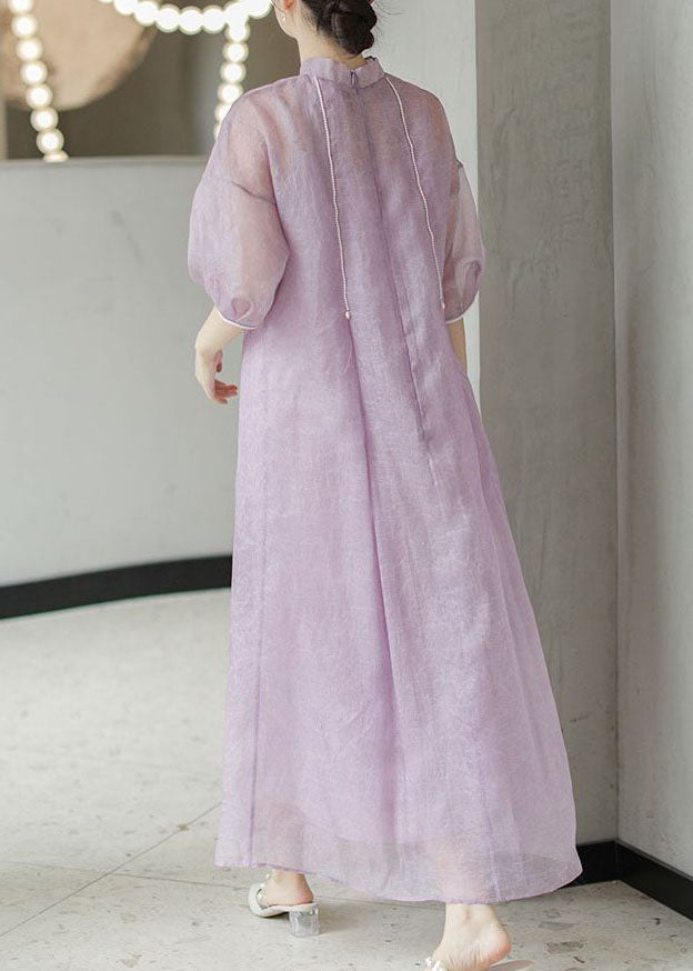 Chinese Style Light Purple Nail Bead Patchwork Silk Long Dress Summer