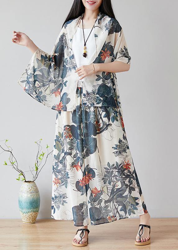 Chinese Style Nude Color Printing Retro Loose Large Size Chiffon Skirt Pants Wide Leg Pants Skirt + Shawl