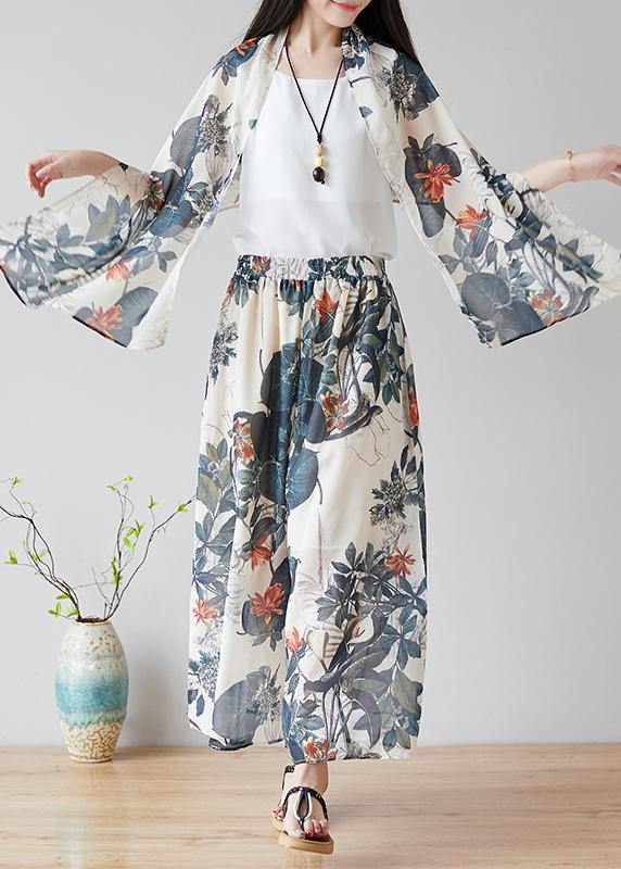 Chinese Style Nude Color Printing Retro Loose Large Size Chiffon Skirt Pants Wide Leg Pants Skirt + Shawl