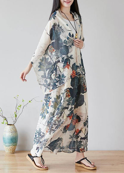 Chinese Style Nude Color Printing Retro Loose Large Size Chiffon Skirt Pants Wide Leg Pants Skirt + Shawl