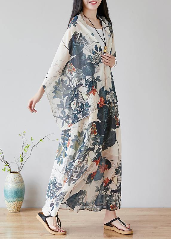 Chinese Style Nude Color Printing Retro Loose Large Size Chiffon Skirt Pants Wide Leg Pants Skirt + Shawl