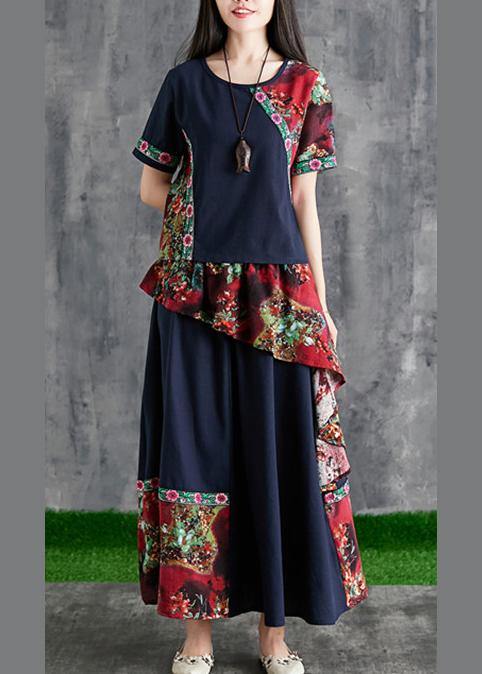 Chinese Style Summer Black Print Cotton Linen Stitching Small Fresh and Temperament Summer Two-piece